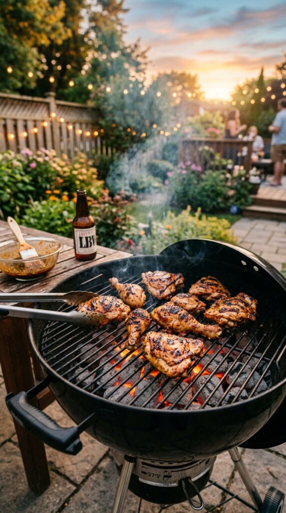 Marinated chicken breasts grilling on a barbecue with smoky grill marks and warm summer evening lighting outdoors.