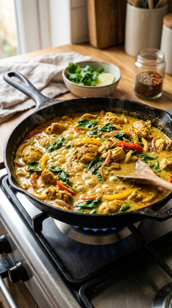 Healthy chicken curry simmering with spinach and bell peppers in creamy sauce.
