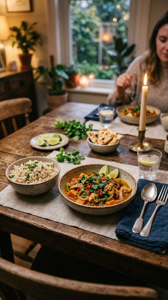 Healthy chicken curry with brown rice and fresh cilantro on a cozy dinner table.