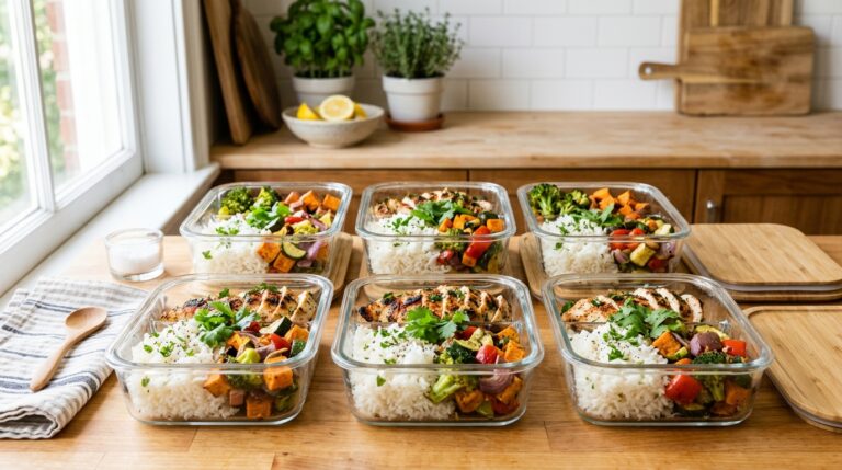 Healthy meal prep containers filled with grilled chicken, rice, roasted vegetables, and fresh herbs arranged on a bright kitchen counter.