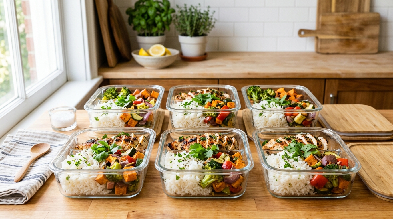 Healthy meal prep containers filled with grilled chicken, rice, roasted vegetables, and fresh herbs arranged on a bright kitchen counter.