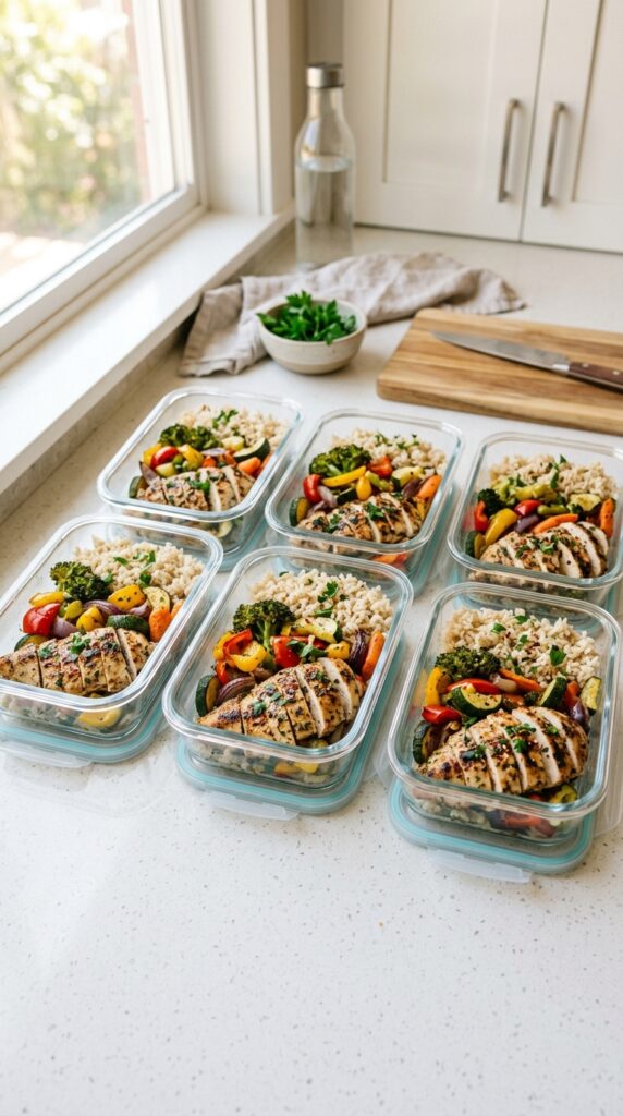 How to Meal Prep Healthy Chicken for the Whole Week 2 Raw chicken breasts, fresh vegetables, olive oil, garlic, and meal prep containers neatly arranged on a marble kitchen countertop.