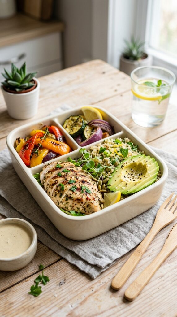 How to Meal Prep Healthy Chicken for the Whole Week 6 Healthy chicken meal prep containers stacked neatly in a refrigerator with colorful vegetables and rice visible through clear lids.