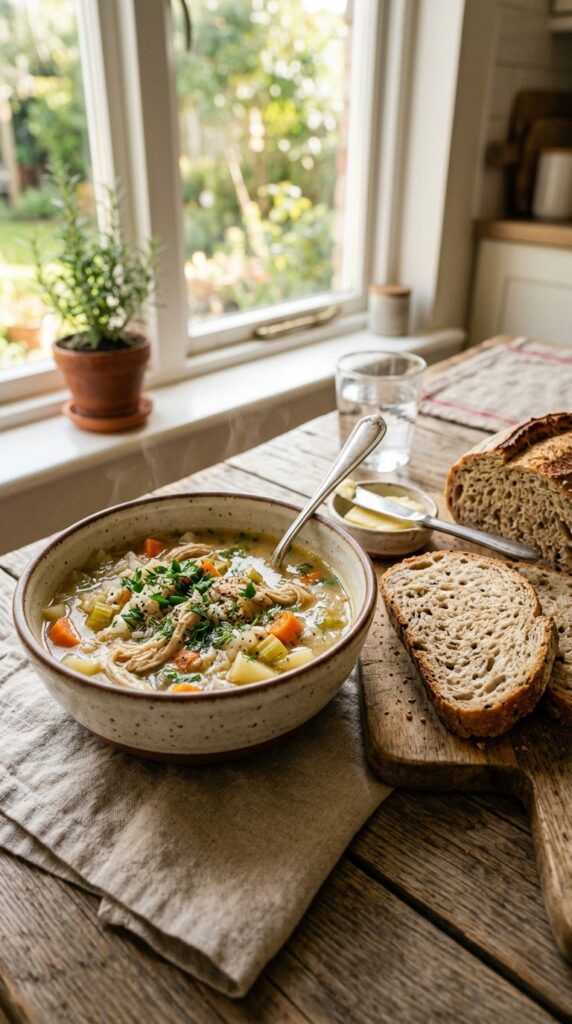 A healthy bowl of slow cooker chicken soup topped with fresh herbs beside whole grain bread, natural daylight, cozy Pinterest-style presentation.