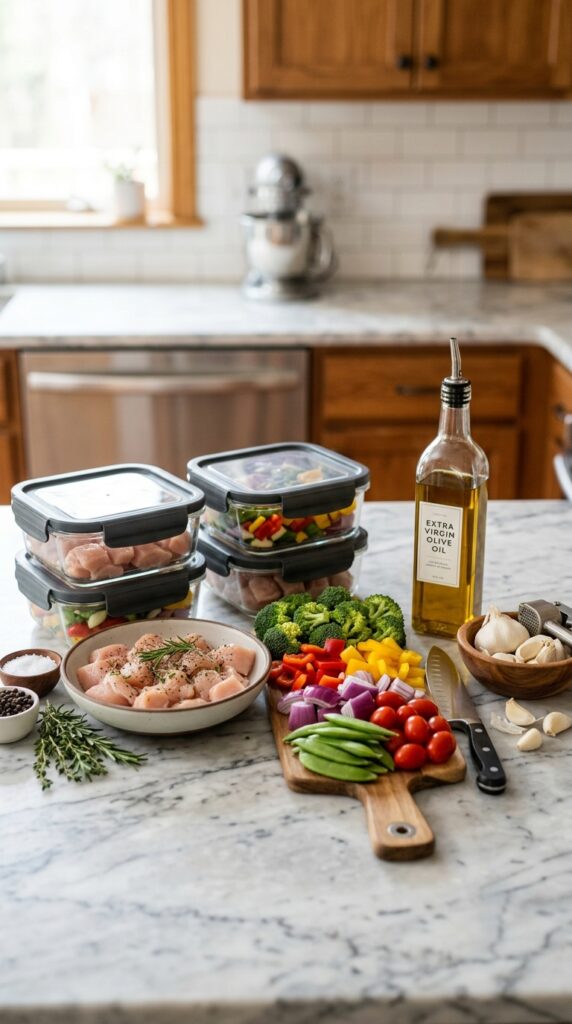 How to Meal Prep Healthy Chicken for the Whole Week 3 Fresh raw chicken breasts with colorful vegetables, olive oil, garlic, and meal prep containers neatly displayed on a marble kitchen countertop Healthy Meal Prep Chicken.