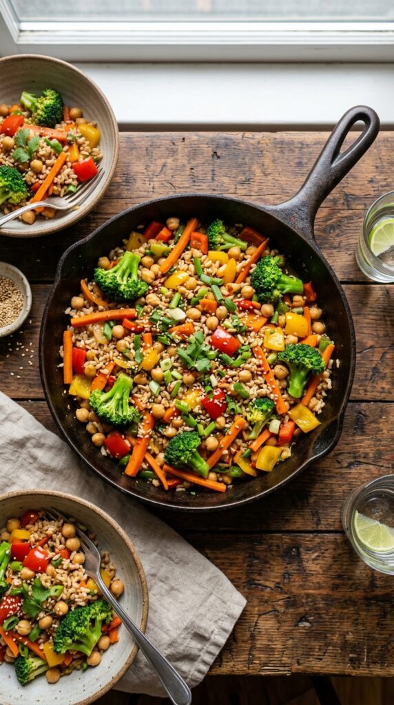 Colorful chickpea vegetable stir-fry with broccoli, carrots, bell peppers, and brown rice in a skillet from above