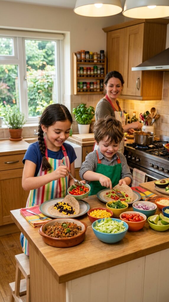 Fresh healthy dinner ingredients with vegetables, grilled chicken, brown rice, and herbs arranged on a kitchen counter