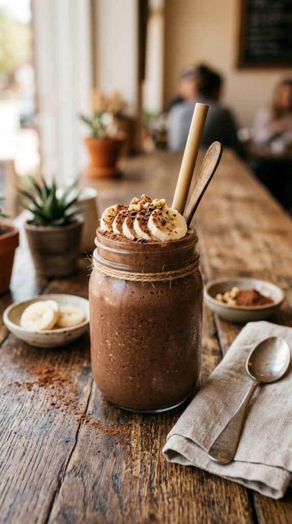 Creamy chocolate banana smoothie in a mason jar topped with banana slices and cocoa powder on a rustic wooden table.