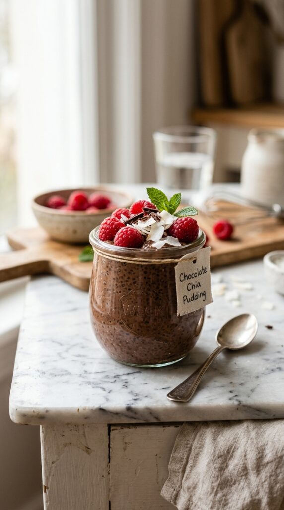 Creamy chocolate chia pudding topped with raspberries and coconut flakes in soft natural light.
