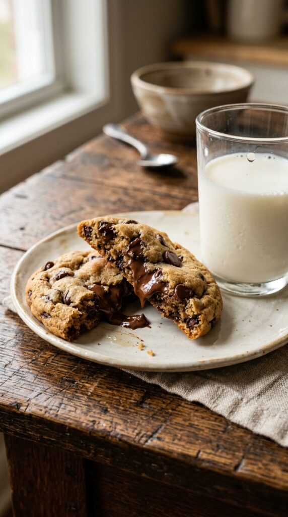 Cookie dough being mixed in a glass bowl with a wooden spoon in a bright modern kitchen.

