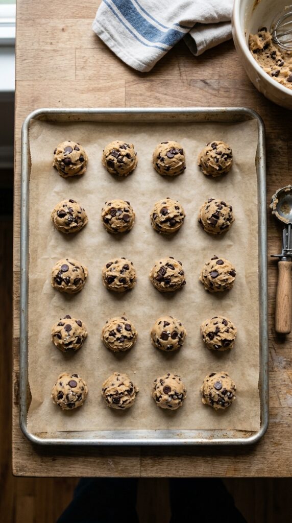 Healthy cookie ingredients with whole wheat flour, dark chocolate chips, honey, coconut oil, and eggs on a wooden counter.
