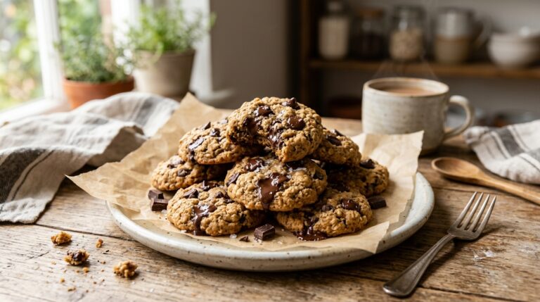Soft healthy chocolate chip cookies stacked on parchment paper with melted chocolate chips in warm kitchen lighting.