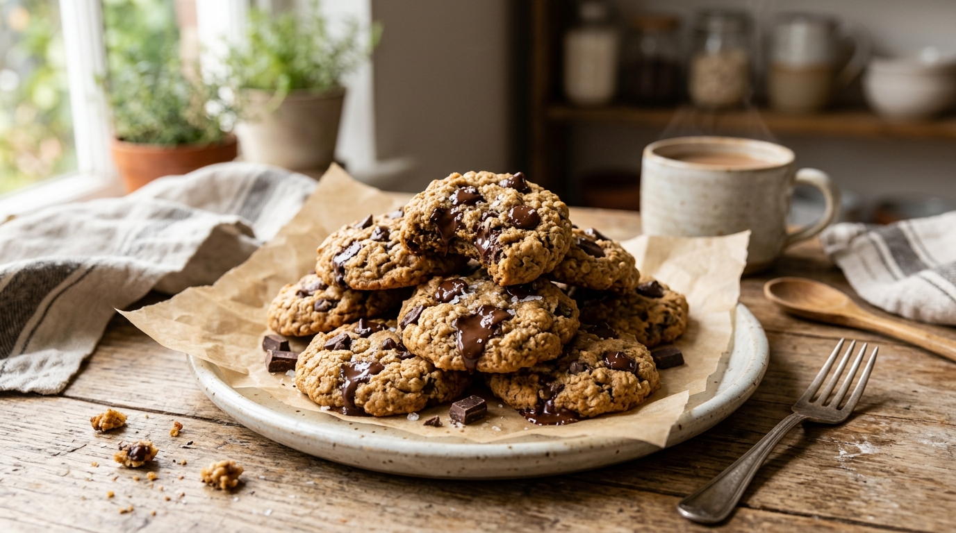 Soft healthy chocolate chip cookies stacked on parchment paper with melted chocolate chips in warm kitchen lighting.