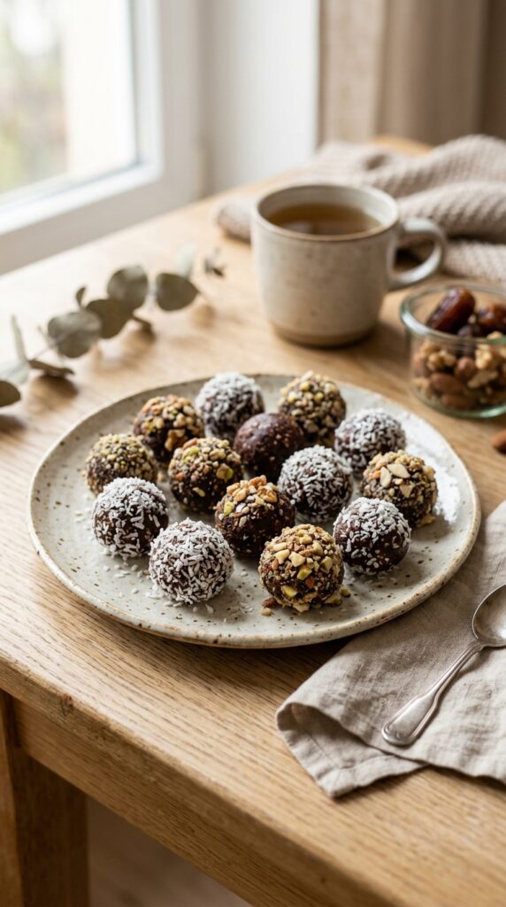 How to Make Healthy Vegan Desserts with No Refined Sugar 5 Chocolate date energy balls coated with coconut flakes and crushed nuts served on a ceramic plate
