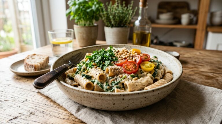 A realistic Pinterest-style photo of healthy creamy pasta without heavy cream in a rustic ceramic bowl, garnished