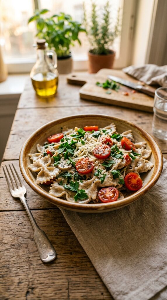 A realistic Pinterest-style photo of healthy creamy pasta without heavy cream in a rustic ceramic bowl, garnished
