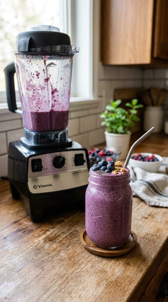 How to Make Healthy Breakfast Smoothies That Boost Energy 4 Thick peanut butter banana smoothie topped with banana slices and crushed peanuts in a clear glass with a soft neutral background.