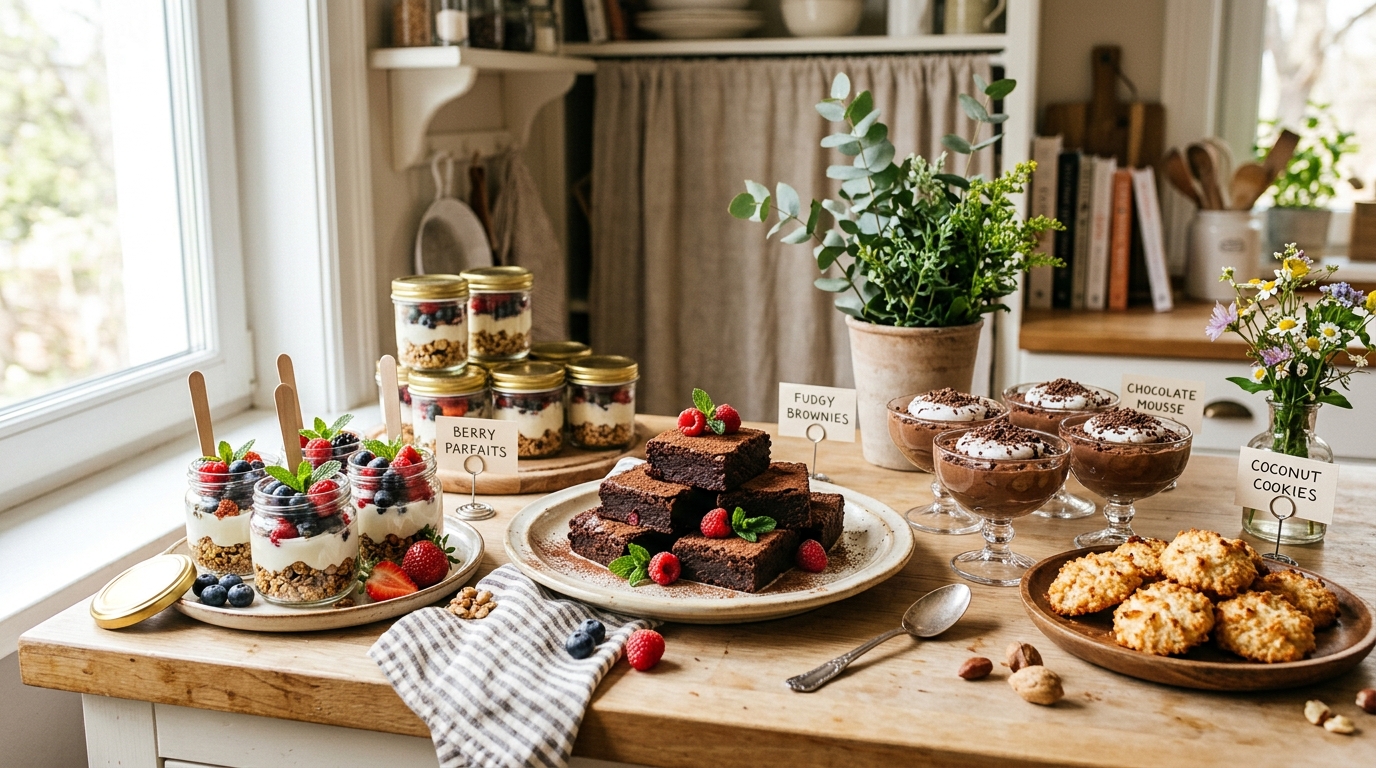 Sugar free dessert table with brownies, berry parfaits, chocolate mousse, and coconut cookies in bright natural light.