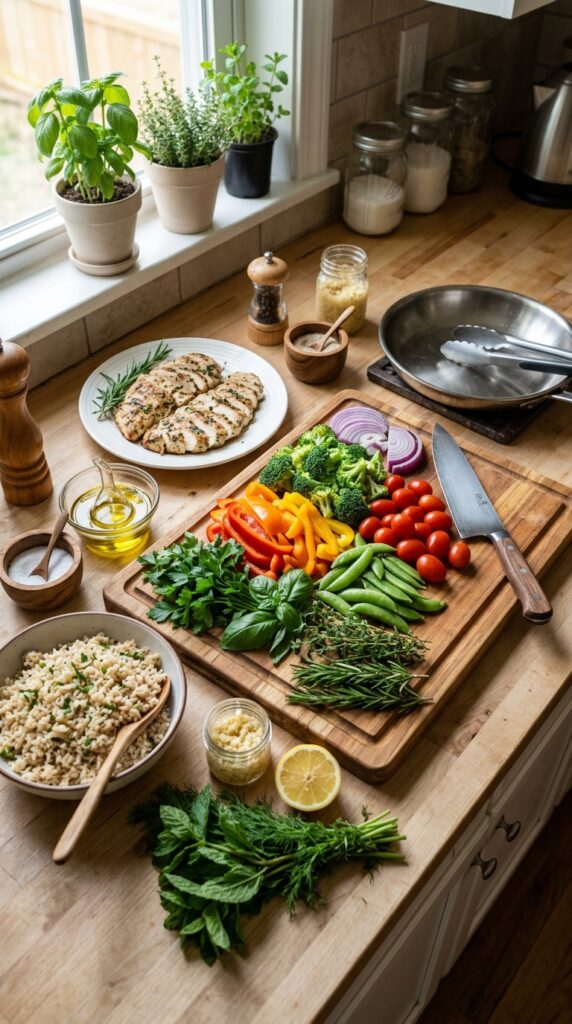 Healthy homemade dinner with grilled chicken, roasted vegetables, brown rice, and fresh salad on a wooden dining table