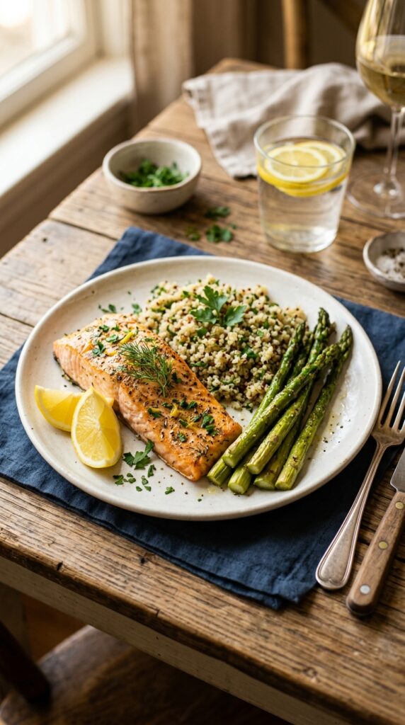 How to Bake Healthy Salmon That's Juicy and Flaky 5 Healthy baked salmon served with roasted asparagus, quinoa, and lemon wedges in warm Pinterest-style food photography.