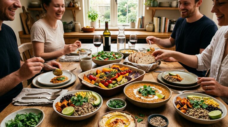 Cozy dinner table with vegetarian dishes including roasted vegetables, quinoa bowls, lentil curry, and fresh herbs in warm kitchen lighting