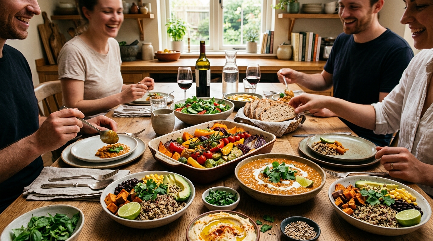 Cozy dinner table with vegetarian dishes including roasted vegetables, quinoa bowls, lentil curry, and fresh herbs in warm kitchen lighting
