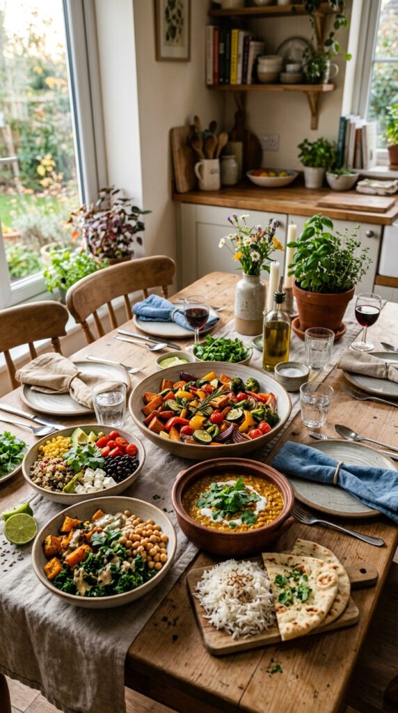 Cook Nutritious Vegetarian Dinner Recipes Cozy dinner table with vegetarian dishes including roasted vegetables, quinoa bowls, lentil curry, and fresh herbs in warm kitchen lighting