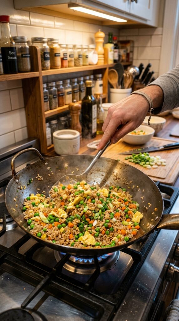 How to Make Healthy Egg Fried Rice with Brown Rice 4 Scrambled eggs cooking with brown rice and colorful vegetables in a skillet.