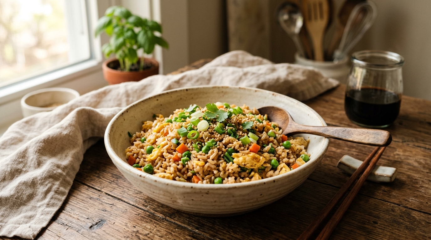 Healthy egg fried rice with brown rice, vegetables, and scrambled eggs in a bowl.