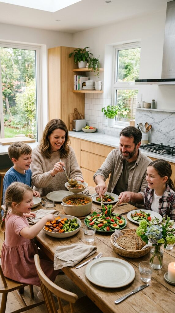 Cozy Healthy Family Dinner Ideas  with healthy dishes, smiling parents and children serving food in a bright modern kitchen