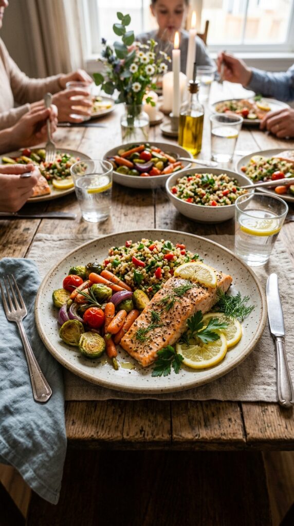 Healthy family dinner with baked salmon, roasted vegetables, quinoa, and lemon slices on a rustic dining table