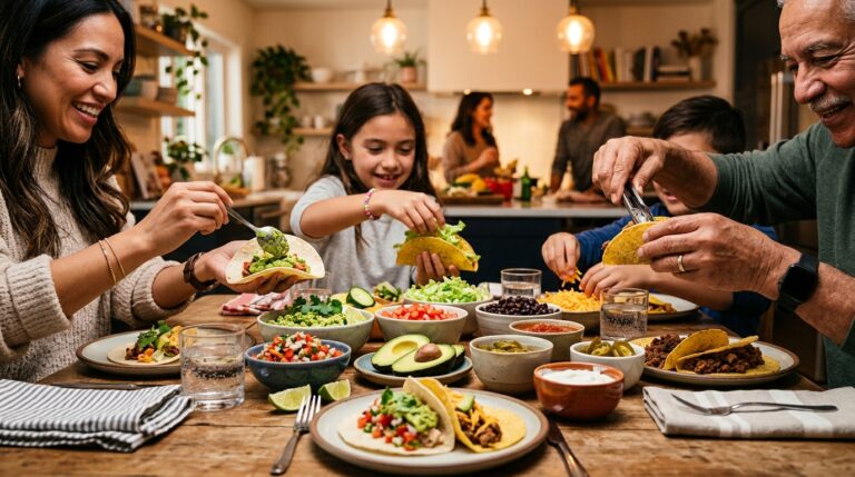 A vibrant family taco night table filled with healthy tacos, fresh vegetables, avocado slices, salsa bowls,