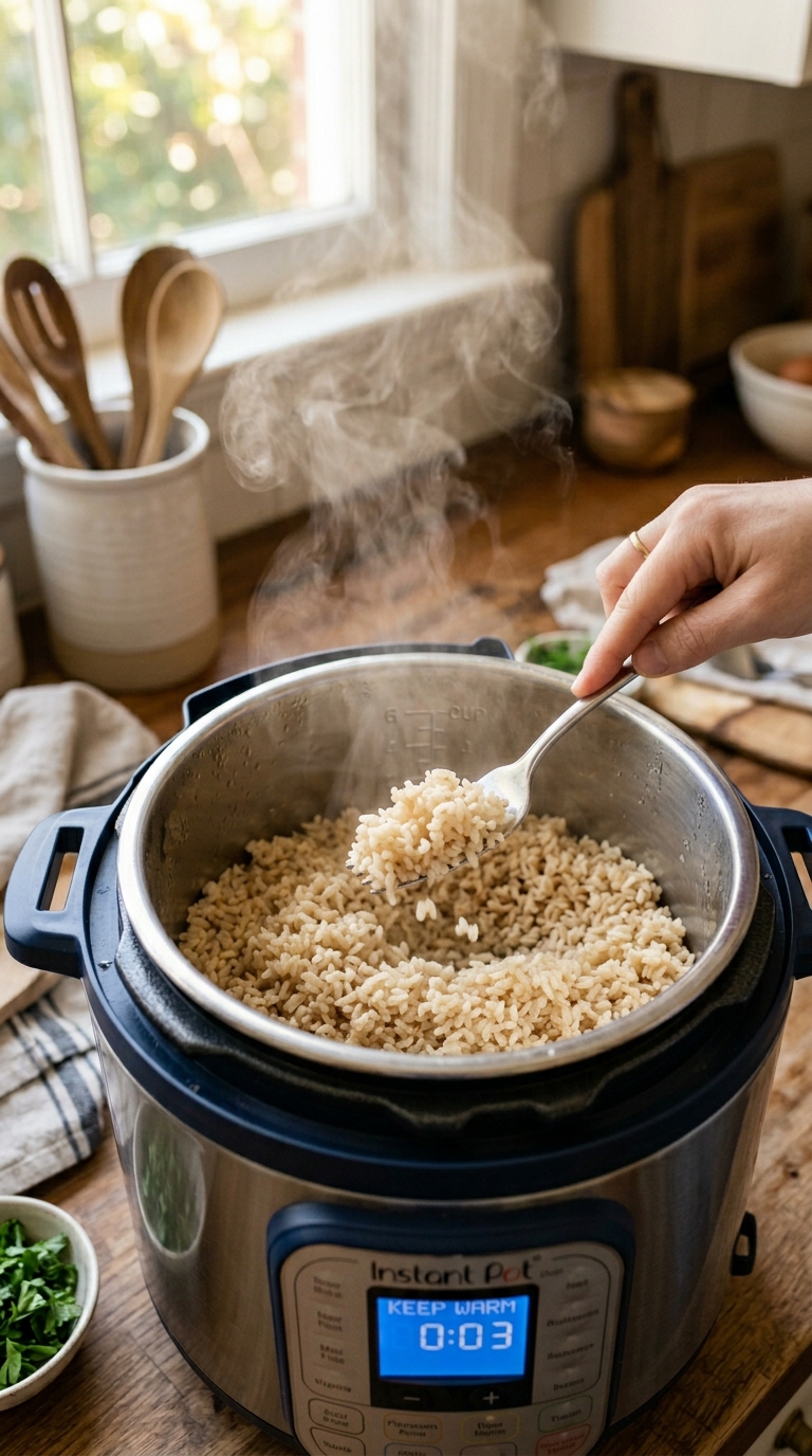 Freshly cooked fluffy brown rice being fluffed with a fork inside an Instant Pot, steam rising naturally in a cozy kitchen environment.