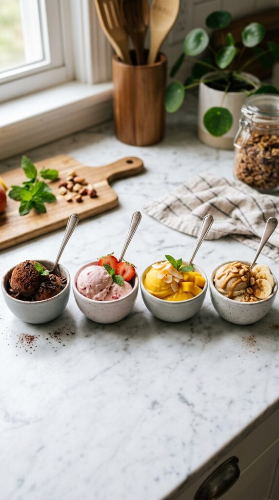 Four bowls of homemade ice cream in chocolate, strawberry, mango, and peanut butter banana flavors on a marble surface.
