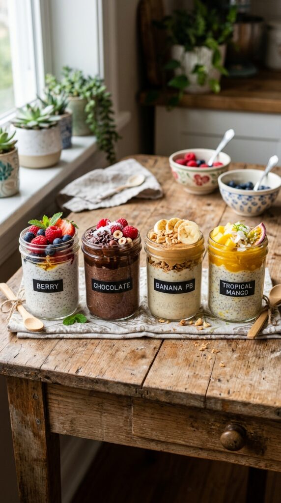 Four chia pudding jars with berry, chocolate, banana, and mango toppings.