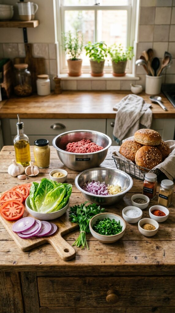 How to Make Healthy Homemade Burgers with Lean Meat 3 Fresh healthy burger ingredients including lean ground beef, garlic, onions, lettuce, tomatoes, parsley, spices, and whole wheat buns on a kitchen counter.