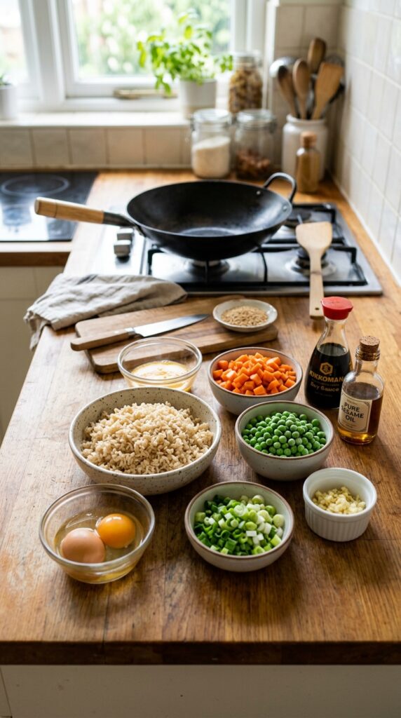 How to Make Healthy Egg Fried Rice with Brown Rice 3 Fresh ingredients for healthy egg fried rice arranged on a kitchen counter.