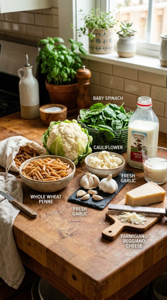  Fresh ingredients for healthy creamy pasta arranged on a kitchen counter including whole wheat pasta, cauliflower, garlic, spinach, milk, and Parmesan cheese