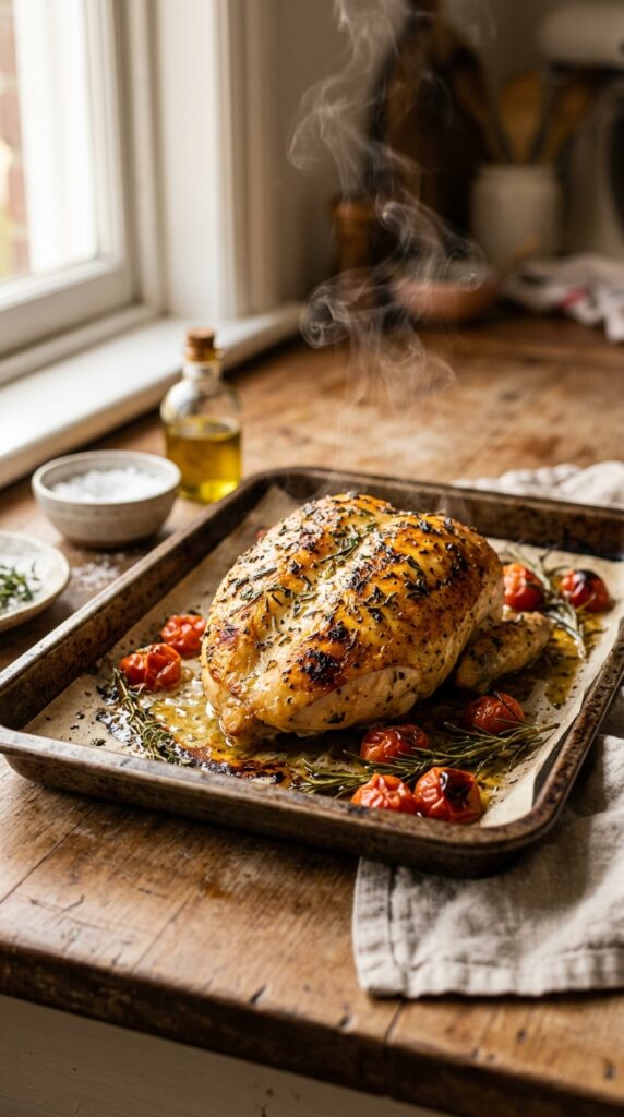 How to Bake Healthy Chicken Breast That's Never Dry 5 Freshly baked chicken breast with golden edges and herbs resting on a baking tray with steam rising.