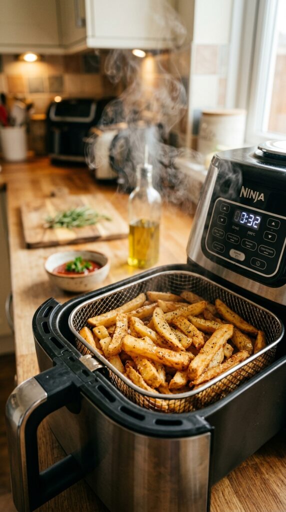 How to Make Healthy Crispy Air Fryer Fries at Home 5 Golden crispy fries cooking in an air fryer basket with steam rising in warm kitchen lighting.
