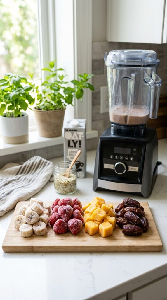 Frozen banana slices, strawberries, mango chunks, and dates beside a blender in bright natural lighting.
