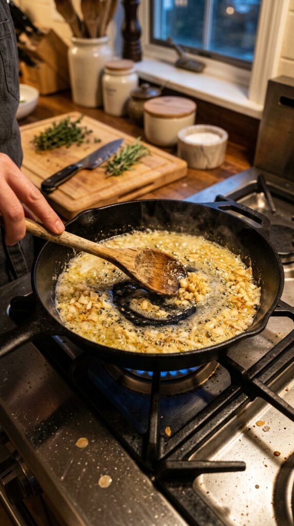 Garlic sizzling in melted butter while sauce is stirred in a skillet.