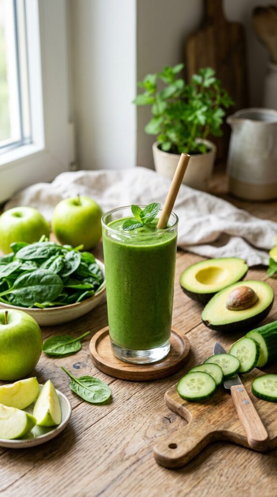 How to Make Healthy Breakfast Smoothies That Boost Energy 6 Vibrant green smoothie in a tall glass surrounded by fresh spinach leaves, avocado halves, green apples, and cucumber slices.