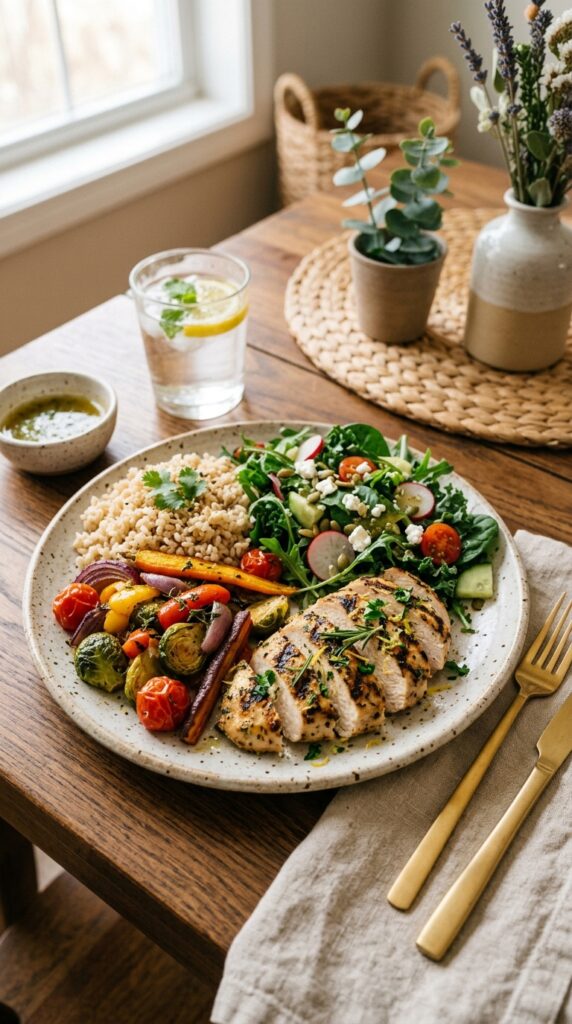 Healthy dinner plate with sliced grilled chicken, roasted vegetables, brown rice, and fresh salad beautifully arranged on a modern table.
