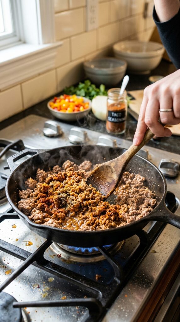 Lean ground turkey cooking in a skillet with taco seasoning, colorful spices visible, wooden spoon stirring