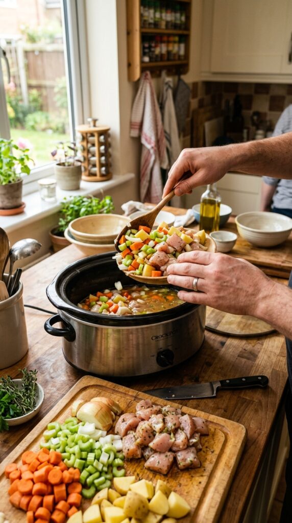 Hands adding vegetables and chicken into a slow cooker in a bright kitchen