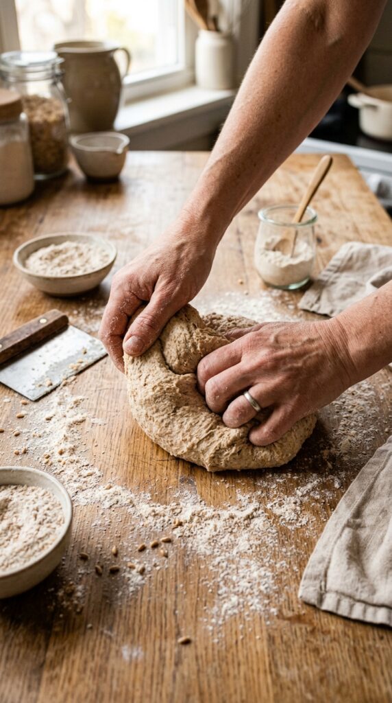 How to Make Healthy Fresh Homemade Pasta from Scratch 4 Hands kneading fresh whole wheat pasta dough on a floured wooden kitchen surface.