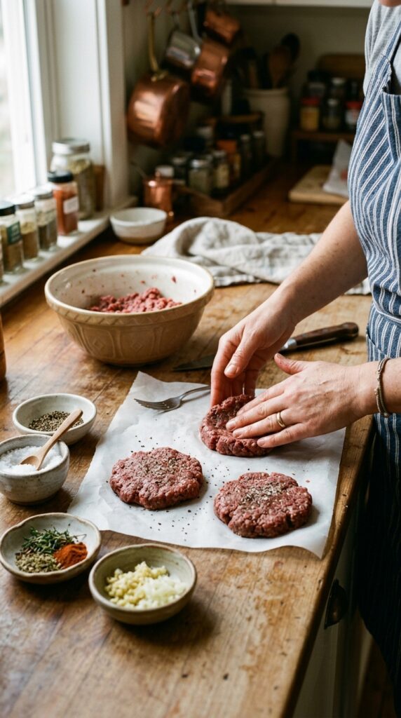 How to Make Healthy Homemade Burgers with Lean Meat 4 Hands shaping lean burger patties on parchment paper with seasonings nearby in a cozy kitchen setting.