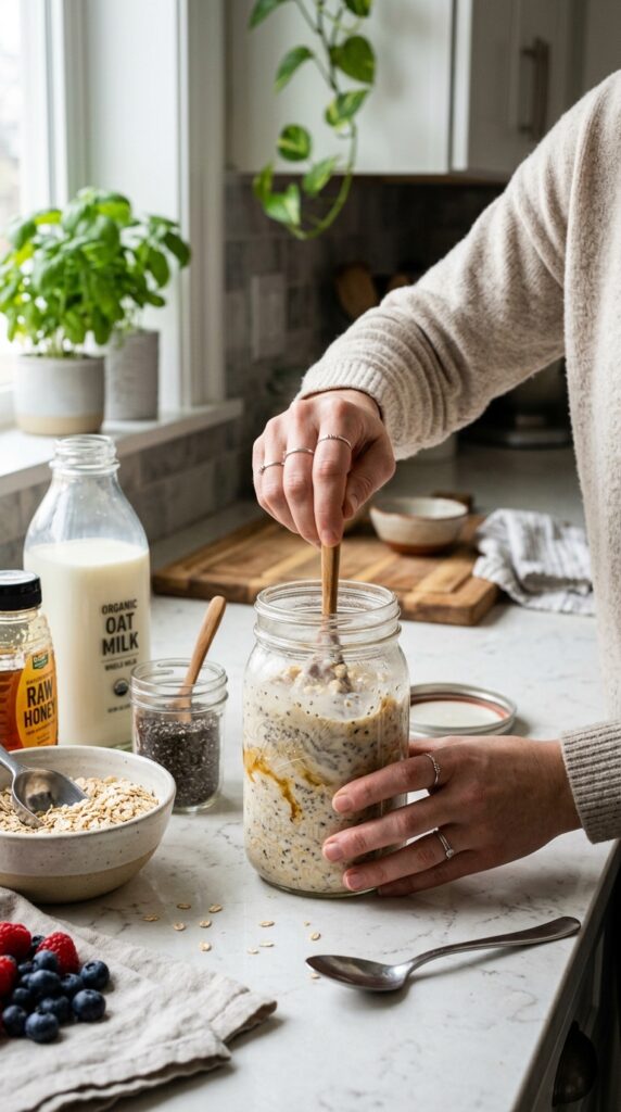Hands stirring oats in jar 202605021119