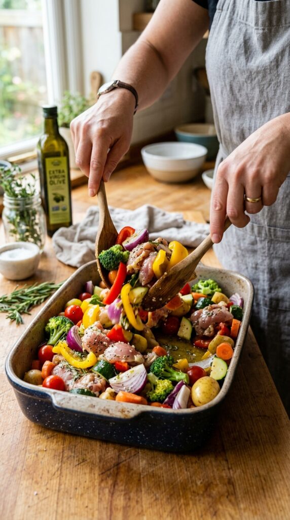 How to Make Healthy Sheet Pan Dinners for Busy Nights 5 Hands tossing seasoned chicken and colorful vegetables with olive oil and herbs.